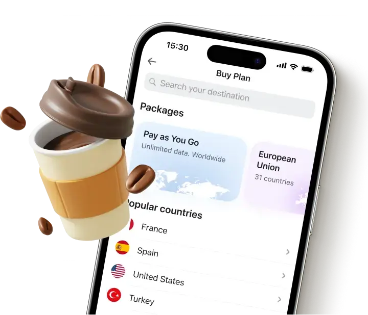 Seamless mobile internet in 200+ countries –– at a cup of coffee price! Take away!